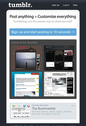 Tumblrトップページ。ユーザーのページの中でスタッフおすすめのものが表示されている