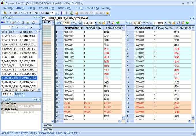 「Popular Beetle」管理画面、異なるDB間のスキーマおよびデータを直感的に比較できる。