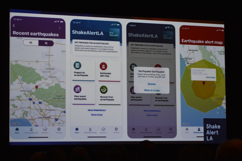 「ShakeAlertLA」のユーザインタフェース。最初の揺れ（P波）を検知すると、大きな揺れ（S波）が来る前に「Earthquake! Earthquake」と警告を住民のスマートフォンに通知する。アプリはiOSとAndroidに対応