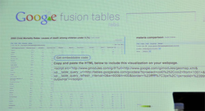 fusion tablesを使って，乳児の死亡率を国別にまとめたデータ，マラリヤの感染率，そして飲み水の品質のデータ，これらを合わせて相関させて新たなテーブルを作成した例。サブウィンドウで開いているのは「コードスミペット」というもので，これをコピーして自分Webなどに貼り付けることで，fusion tablesのデータをさらにシェアすることができます。