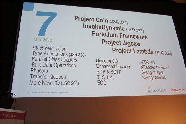 当初のJava 7（2012年中盤リリース予定だった）のフィーチャ