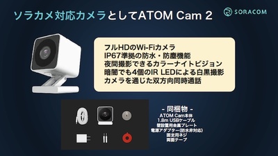 ソラカメのベースとなるのはアトムテックのATOM Cam 2。1辺5cmと小型ながら，フルHDの画像や夜間撮影のカラーナイトビジョンなど，精細な映像の撮影が可能