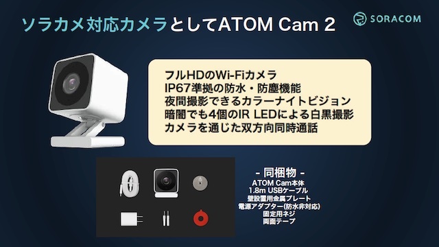 ソラカメのベースとなるのはアトムテックのATOM Cam 2。1辺5cmと小型ながら、フルHDの画像や夜間撮影のカラーナイトビジョンなど、精細な映像の撮影が可能