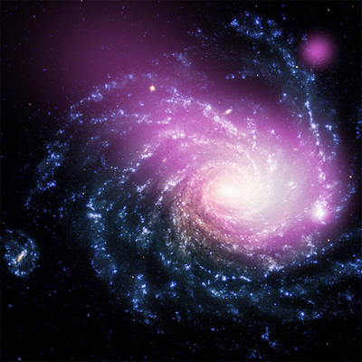 ハッブルとチャンドラの写真を合成したもの。中央から左上にかけて見られるX線放射が銀河の衝突で生じ，右端のX線の輝きが衝撃波で引き起こされた恒星の誕生部分。