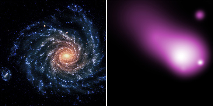 左がハッブルが撮影したNGC1232、右は同じ銀河をチャンドラで撮影したもの