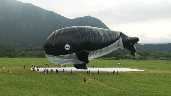 実験「空飛ぶクジラ」より。空気は暖められると軽くなる。全長50ｍの黒いビニールで作ったクジラ型バルーンは、太陽の熱で人を乗せられるほど浮くことができるのか？乗り手（吊るされ役）は森さんが担当したそう！