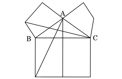 ラテン語写本の一つRossianus579に掲載のピタゴラスの定理の図。補助線がしっかり入っている